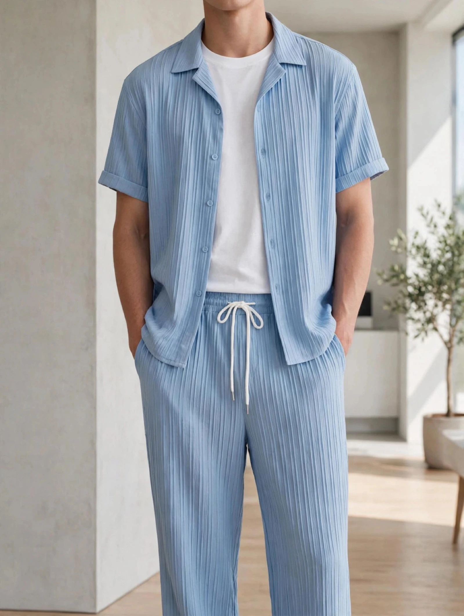 Heren 2-delig casual overhemd met knoopsluiting en broek met trekkoord set – photo 3